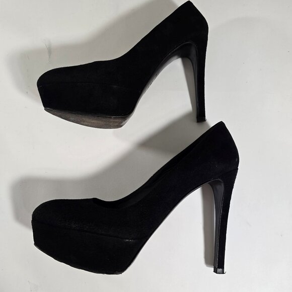 Stuart Weitzman Black Suede Platform Pumps Round Toe 7.5 N 5" Stiletto Heel - Picture 3 of 16
